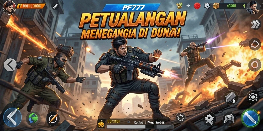 Screenshot utama PF777 menunjukkan karakter beraksi dalam pertempuran yang mendebarkan.