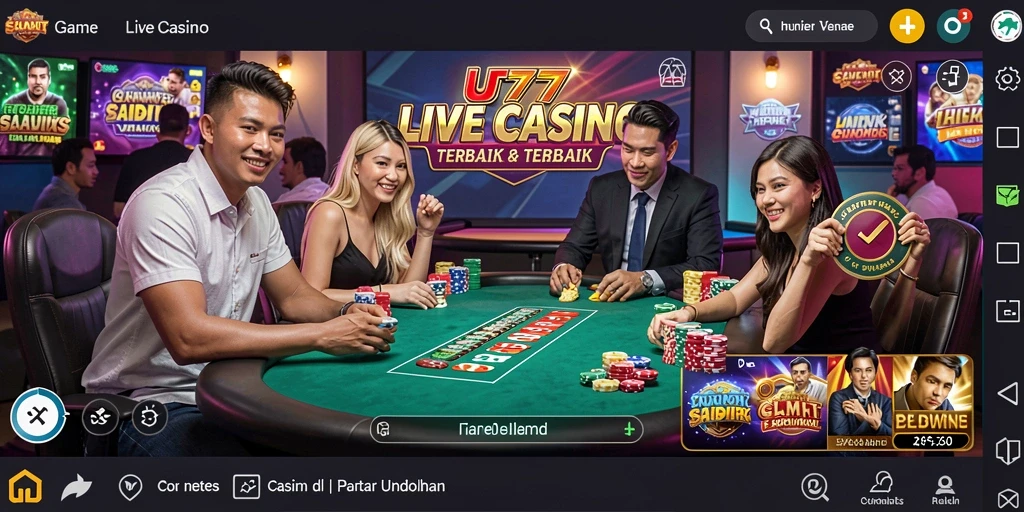 Screenshot gameplay UT77 menampilkan dealer langsung dan meja taruhan.
