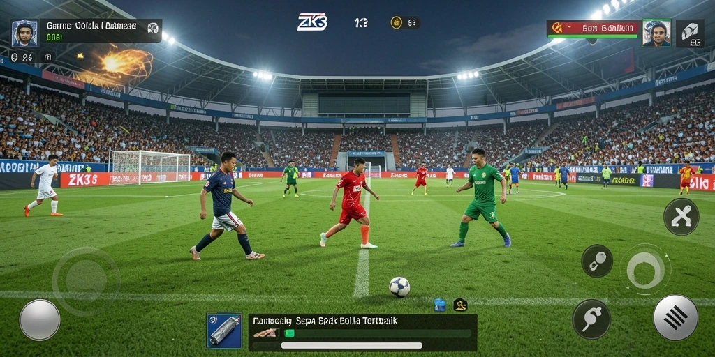 Tampilan gameplay ZK3 dengan aksi seru di lapangan sepak bola.